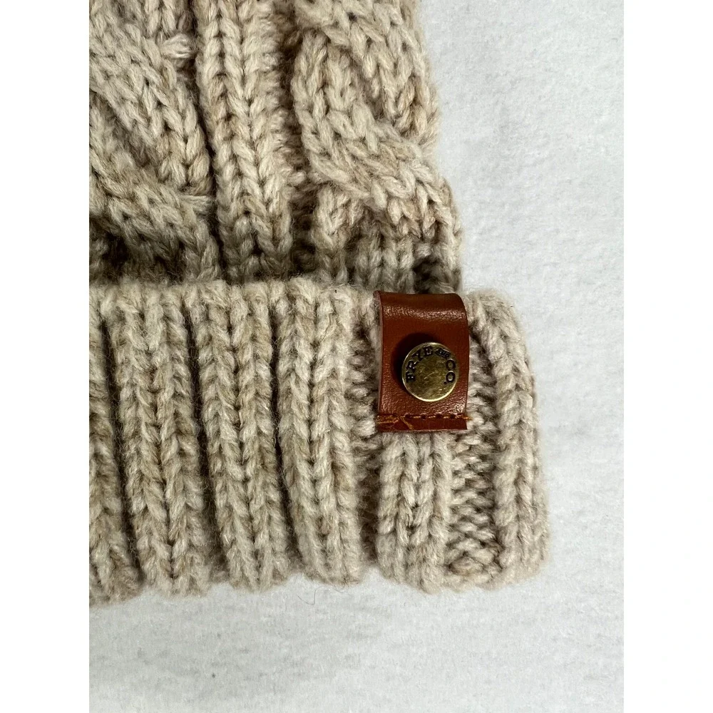 Frye Womens Tan Cable Knit Pom Pom Beanie Hat Brown Winter Hat Cabin Cozy